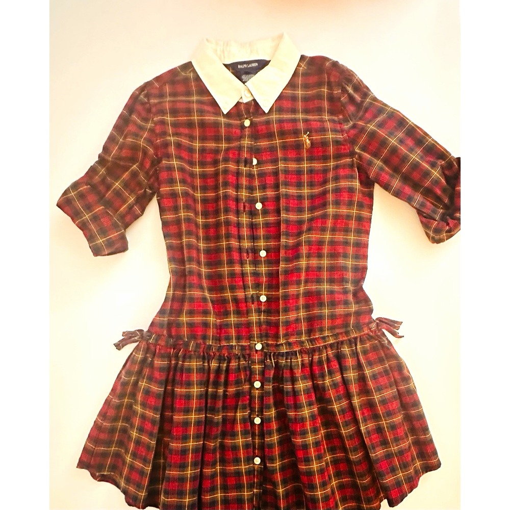 Ralph Lauren Girls Plaid Shirt Dress Multicolor 14 Collared Button Ruffle